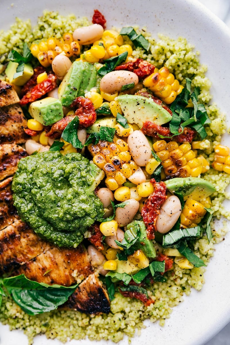 Up-close photo of Pesto Chicken bowls.