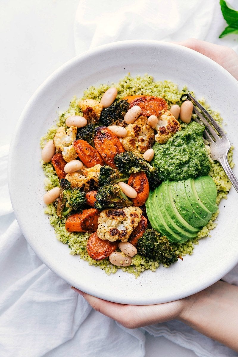 Overhead image of the ready-to-eat Pesto Roasted Veggie Bowls.