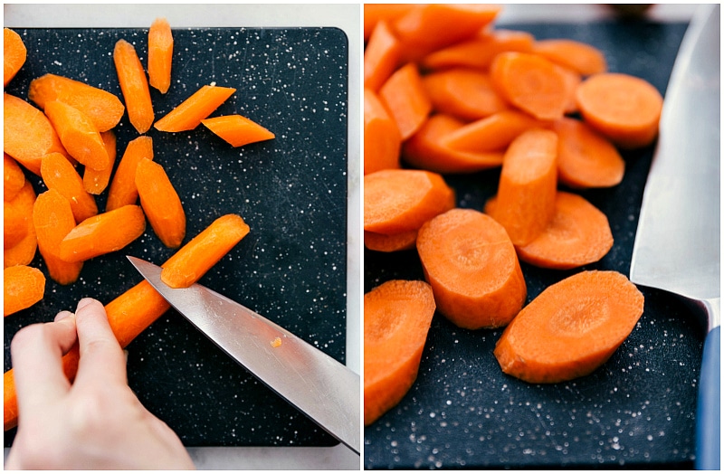 Overhead image of the carrots being chopped and prepared for these Pesto Veggie Bowls.