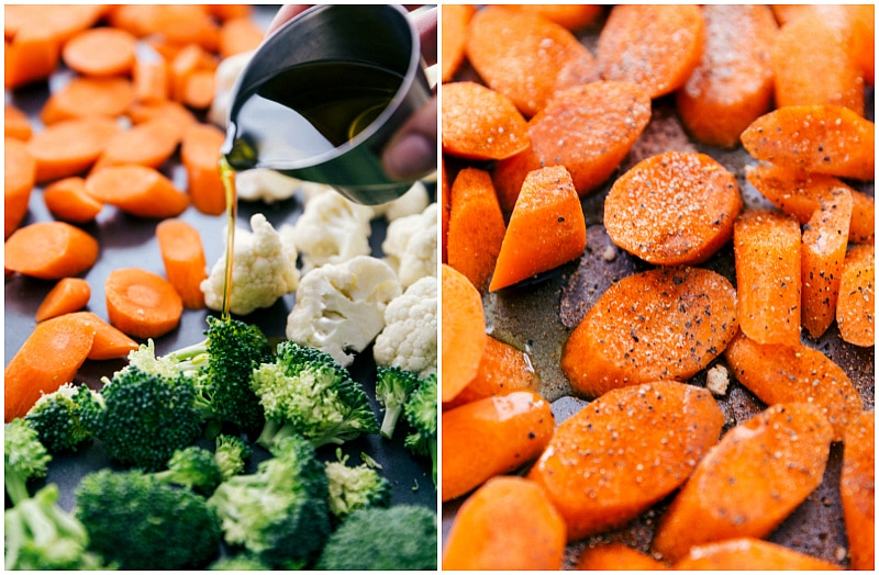 Overhead image of the oil being added to the veggies that are about to be roasted for these Pesto Veggie Bowls.