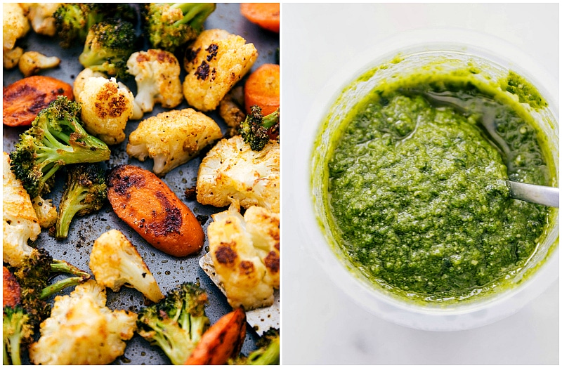 Overhead image of the roasted veggies and pesto used for these Pesto Veggie Bowls.