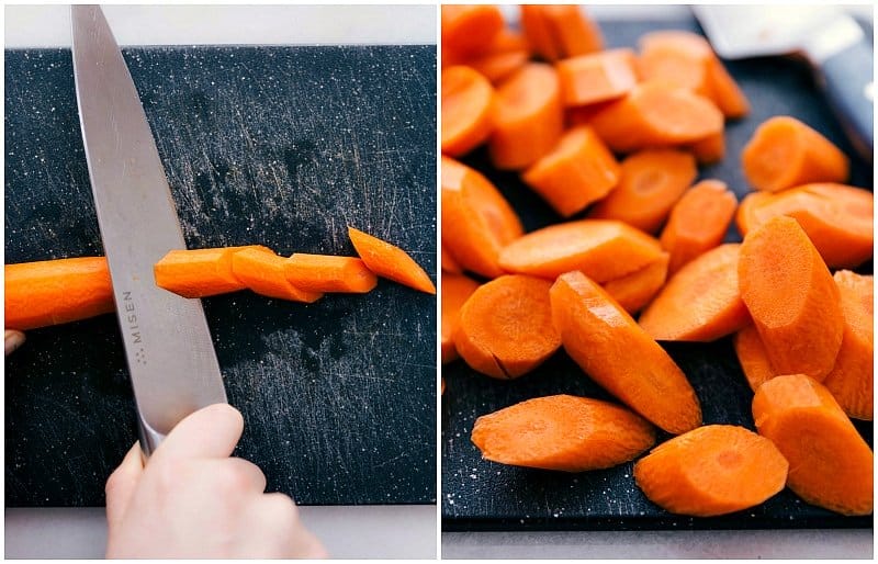 Overhead image of the carrots being chopped for this Roasted Carrots recipe.