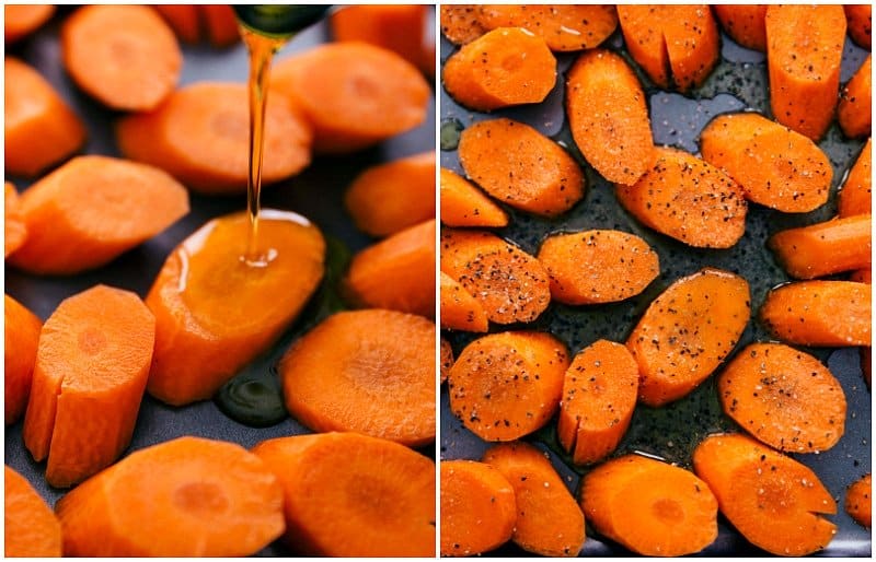 Overhead image of olive oil and the seasonings being added to these Roasted Carrots. 