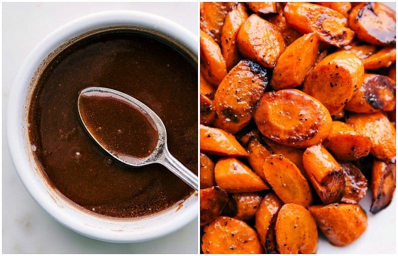 Overhead image of the honey butter topping being added to these Roasted baby Carrots.