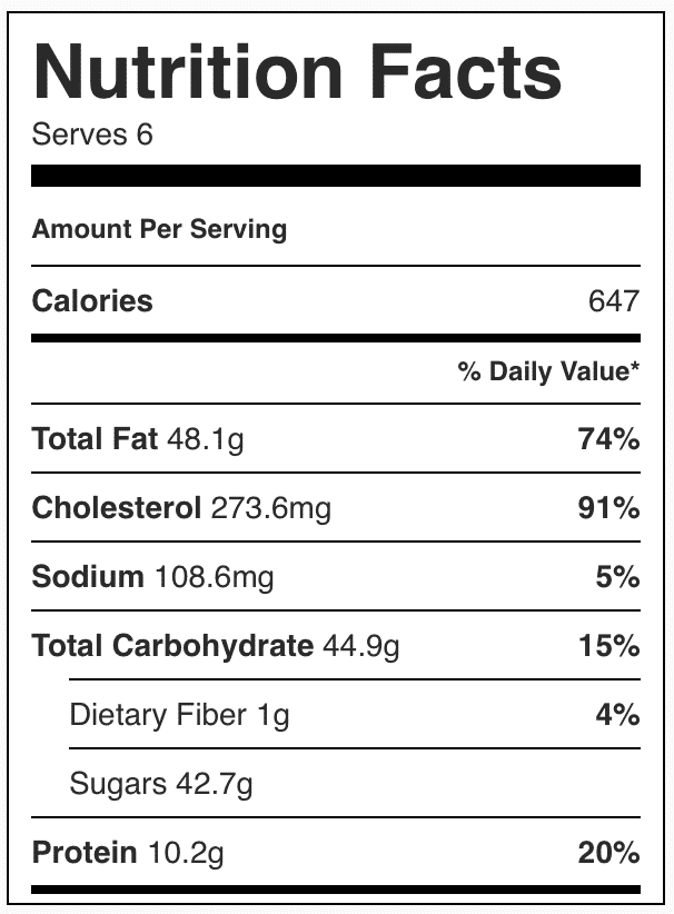 Nutrition facts in tuxedo creme brûlée