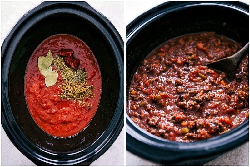 Overhead photos showing the process of making Bolognese sauce.