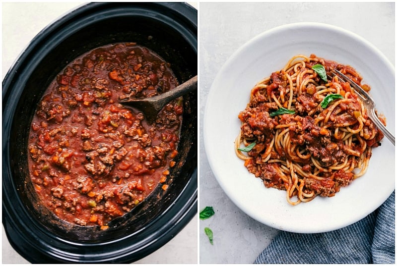 Deliciously easy spaghetti Bolognese recipe in the slow cooker and on a plate.