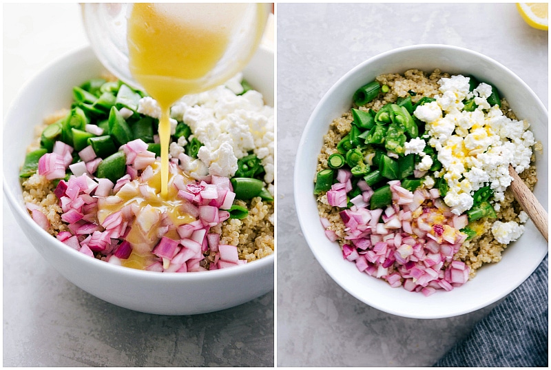 Lemon dressing being poured over Spring Quinoa Salad.