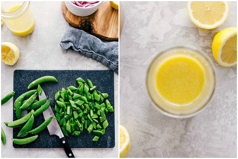 Process shots of Spring Quinoa Salad: making lemon dressing and preparing veggies.