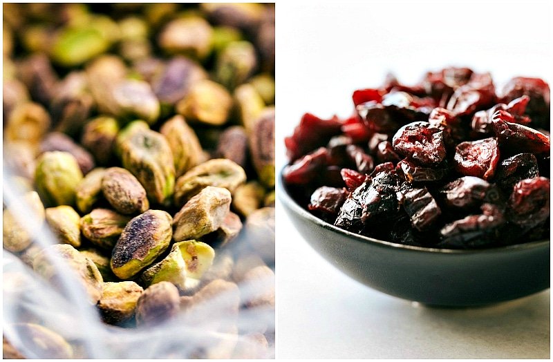 Image of the pistachios and cranberries going into this Strawberry Salad.