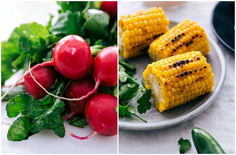 Images of radishes and grilled corn.