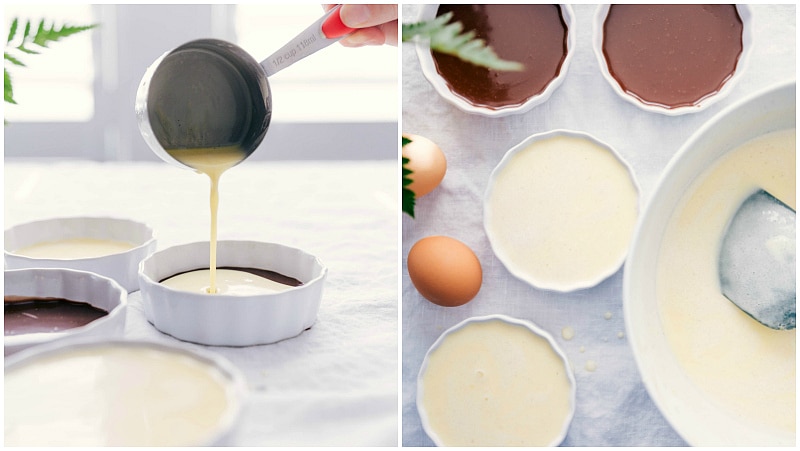 Tuxedo Crème Brûlée is a chocolatey twist on the traditional crème brûlée recipe. This dessert has a chocolate ganache bottom, creamy custard filling, and a caramelized sugar topping. Top these brulée with fresh berries and chocolate curls for a delicious show-stopping dessert. Recipe via ChelseasMessyApron.com #cremebrulee #tuxedo #ganache #French #dessert #elegant Image of the base creme brûlée being added on top of the chocolate layer.