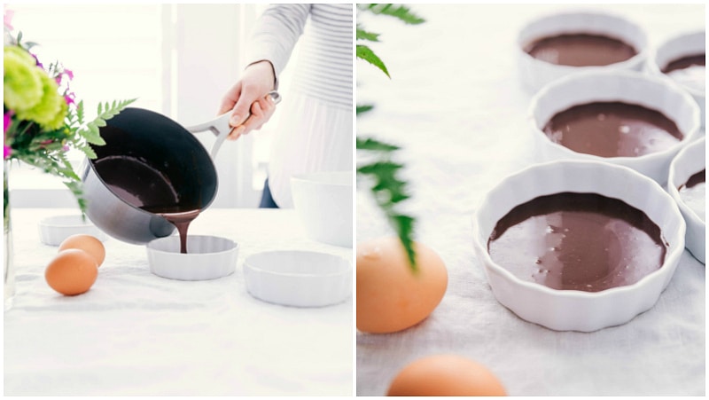 Image of the chocolate layer being poured into the ramekins for these Tuxedo Crèmes Brûlée.