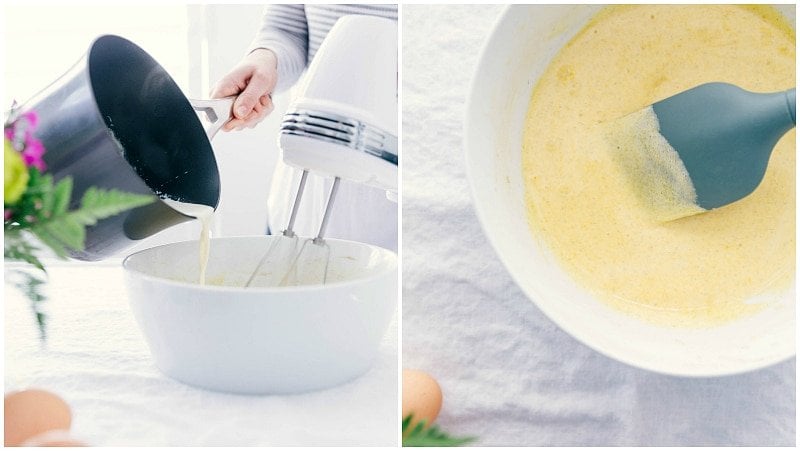 Image of the base egg mixture being heated and added to a bowl to be mixed for these Tuxedo crèmes brûlée.