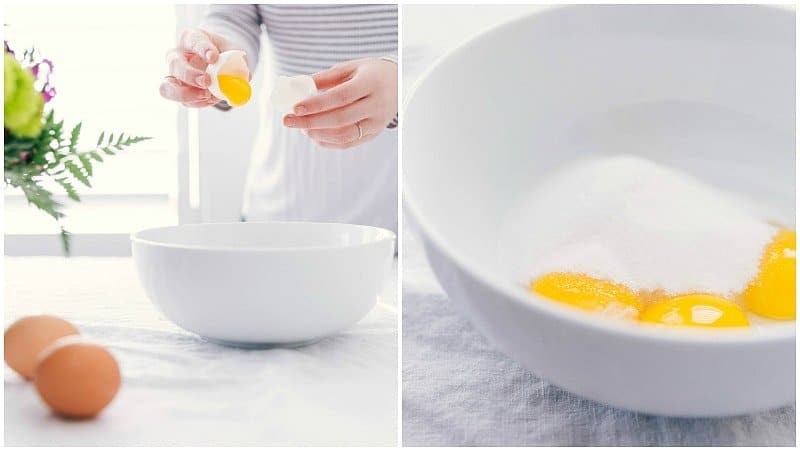 Separating egg yolks into a bowl and adding sugar, in preparation for making Crème Brûlée.