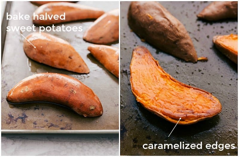 Images showing how we bake the sweet potatoes to get them caramelized and delicious.