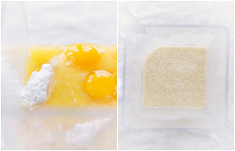 Images of the crepe batter before and after blending.