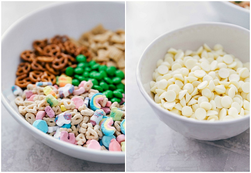 Image of all the ingredients that go into Leprechaun Bait and the white chocolate chips in a separate bowl.