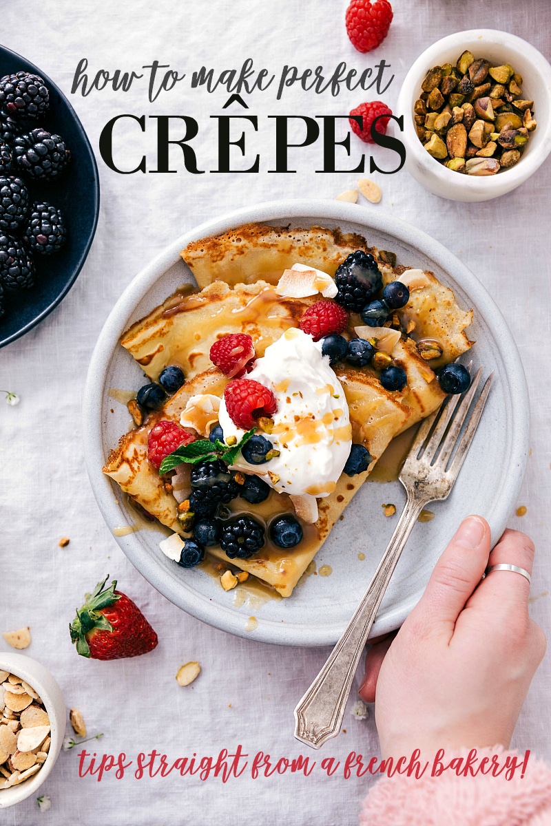 How to make crepes:tips and tricks (straight from a French bakery) to making delicious crepes every time! via chelseasmessyapron.com #crepe #easy #quick #crepes #crepebar #shower #dessert #breakfast #sweet #savory #recipe #kid #friendly #berries #whipped #cream