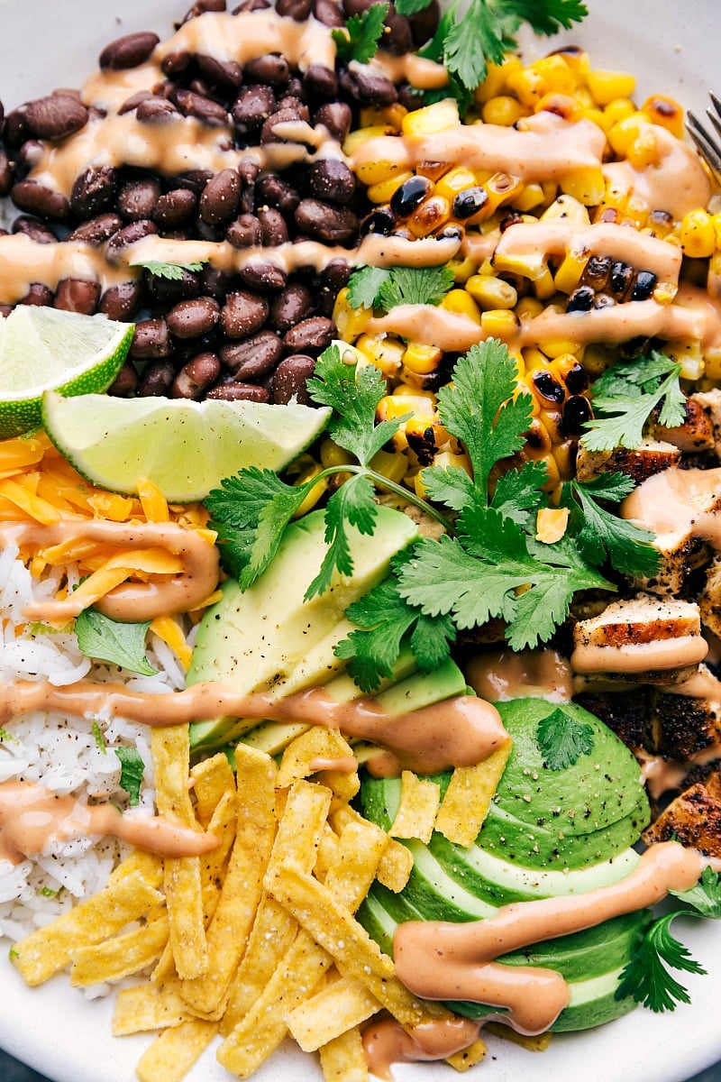 Finished overhead close-up photo of Grilled BBQ Chicken Bowls.