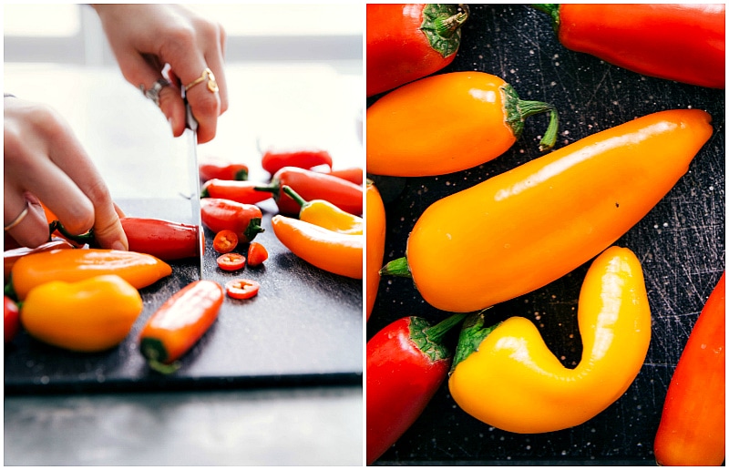Image of the mini bell peppers being cut for this Black Bean Corn Salad.