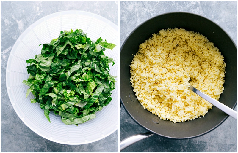 Overhead image of the prepped lettuce and couscous for this Black Bean Corn Salad .