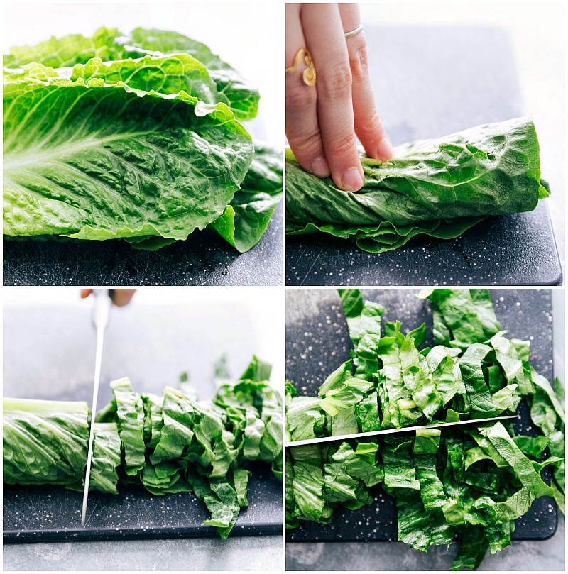 Head of romaine lettuce being cut for Black Bean Corn Salad.