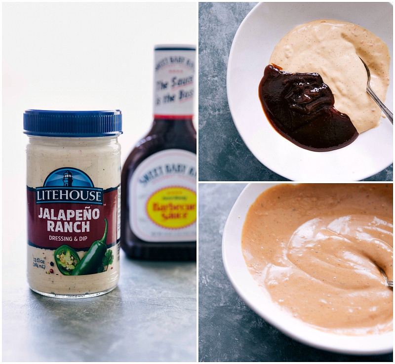 Salad dressing being made with the jalapeño ranch dressing and BBQ sauce.