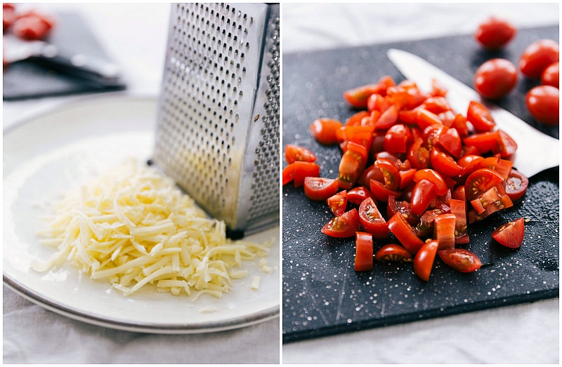 Cheese grated by a greater and sliced cherry tomatoes