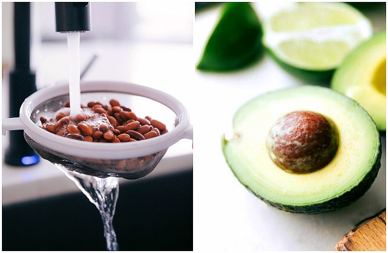 Pinto beans being washed, and a freshly cut avocado