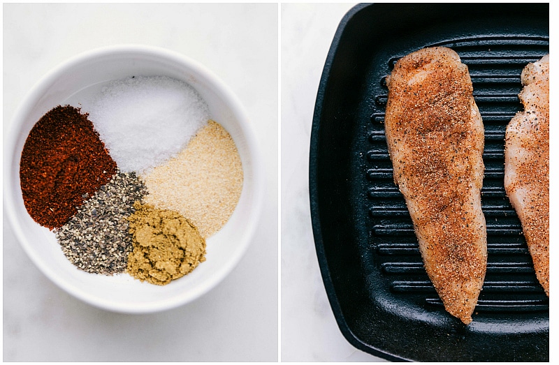 Overhead shot of spices and a chicken breast grilling