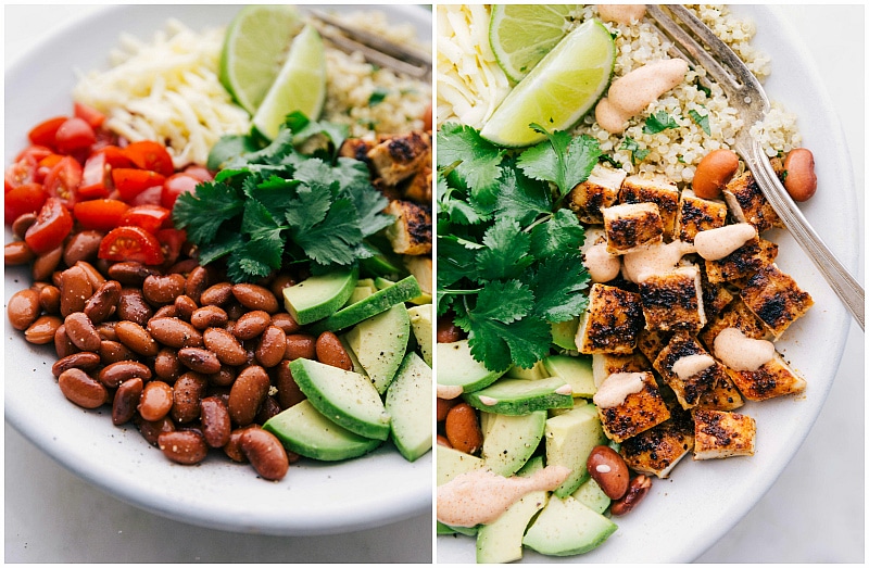 Finished photos of burrito bowl recipe with sauce and all the toppings!