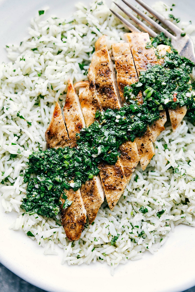 Chimichurri Chicken served over rice.