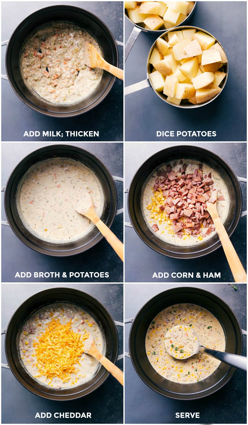 Process shots of finishing the sauce base; adding potatoes and broth; adding corn, ham and cheese.