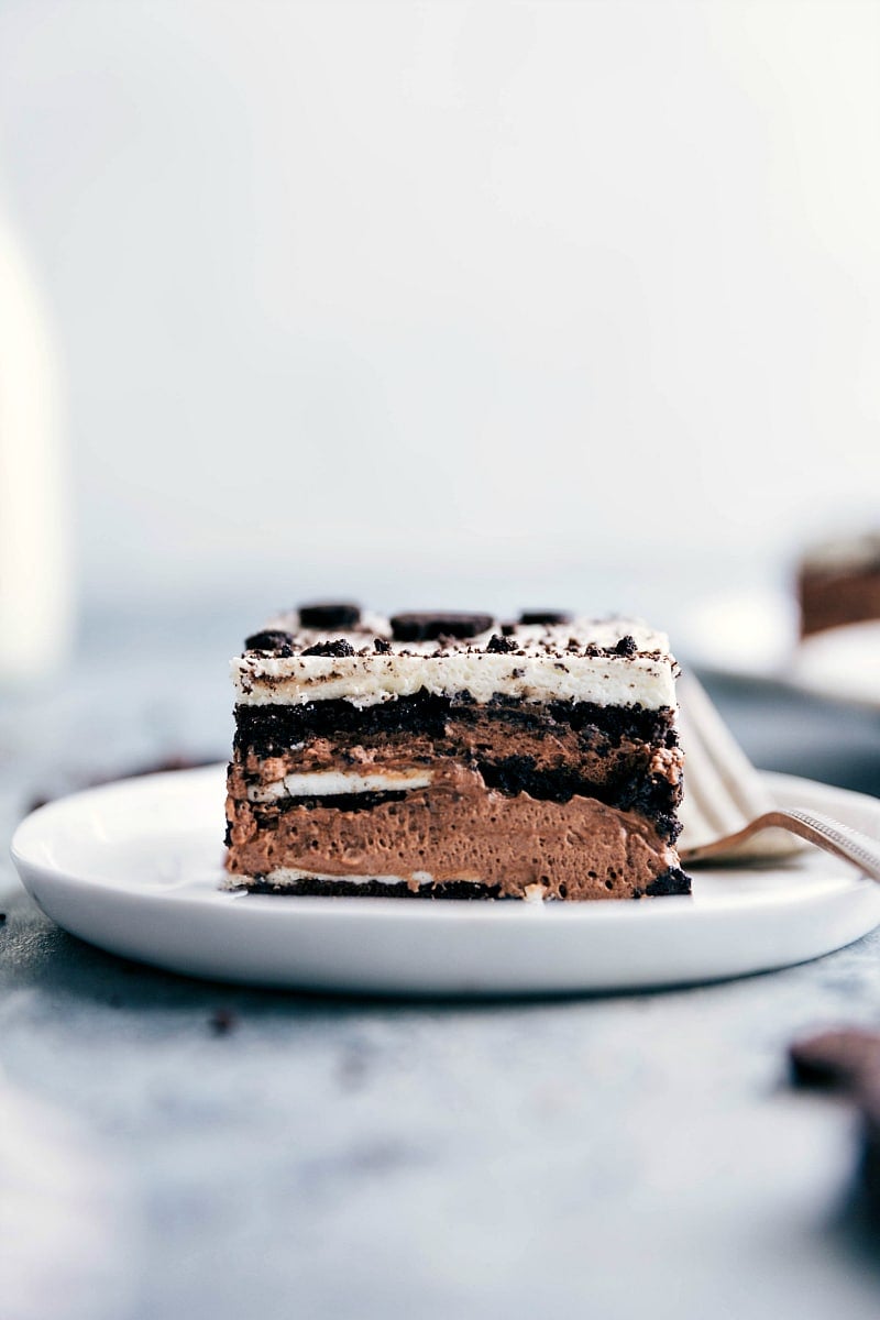 Close-up photo of a slice of Oreo Icebox Cake.