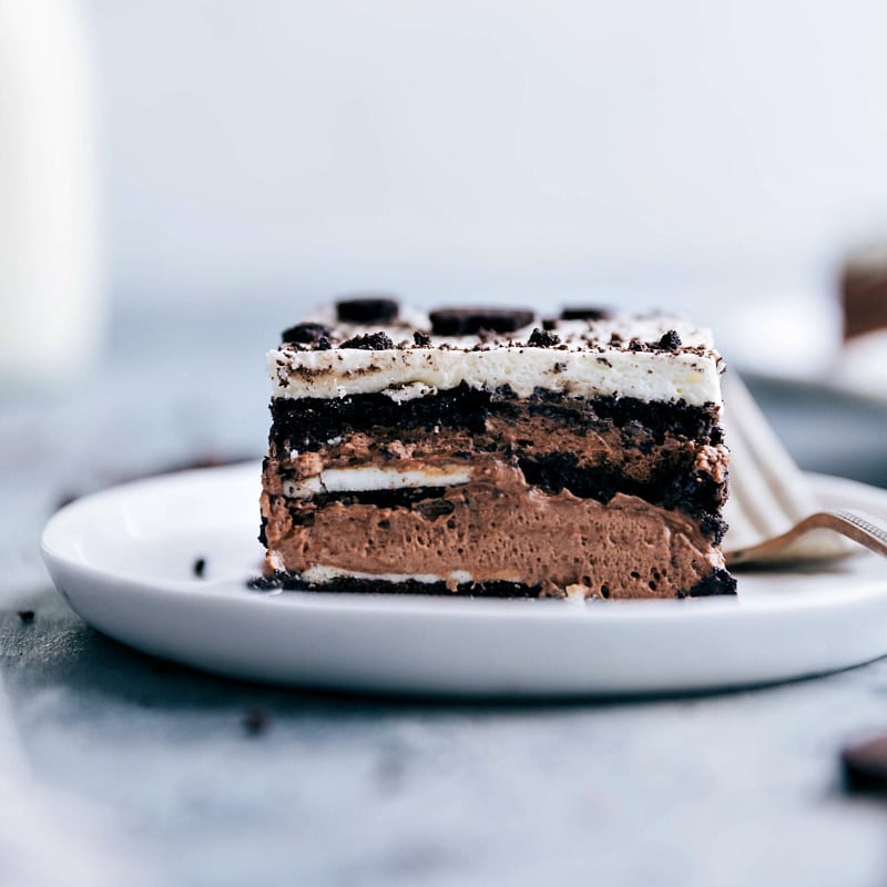 Finished and chilled Oreo Icebox Cake on a plate with a fork.