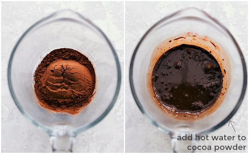 Process shot of making Oreo Icebox Cake -- blooming the cocoa powder.