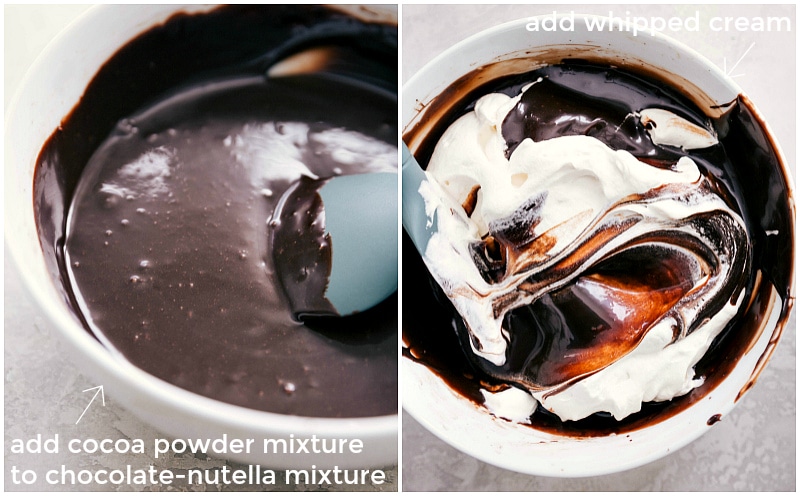 Process shot of making Oreo Icebox Cake -- folding in whipped cream to the chocolate mixture.