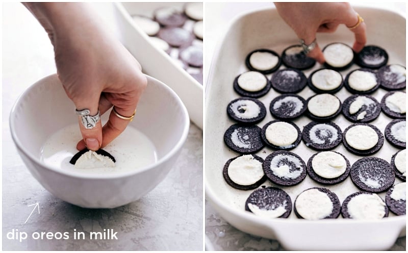 Process shot of making icebox cake -- dipping Oreos in milk to add to the pan.