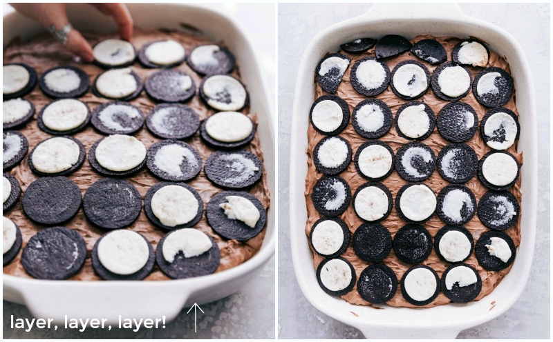 Process shot of making icebox cake -- adding Oreos and cream to 9x13-inch pan.