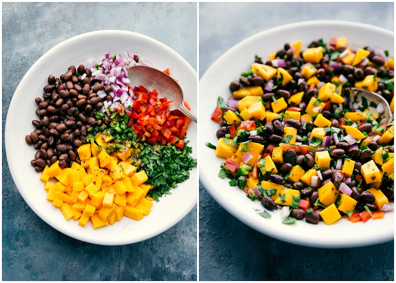 Process shots for making black bean mango salsa