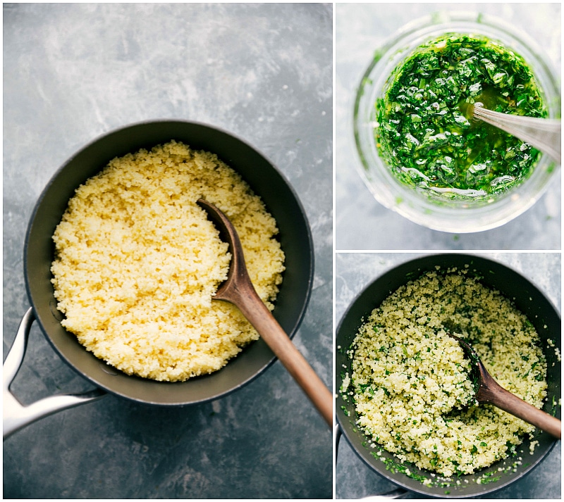 Process shot: Herb sauce being added to couscous.