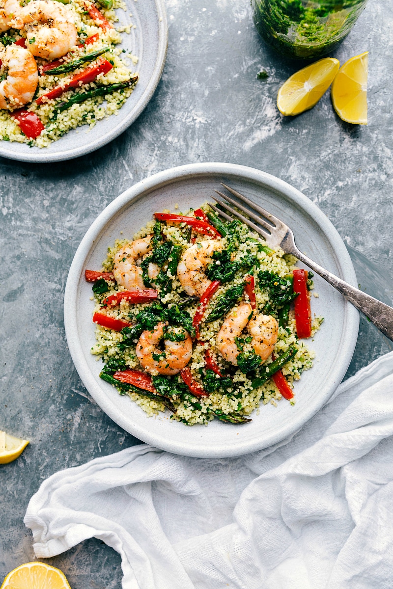 Overhead photo of finished Shrimp Couscous bowls