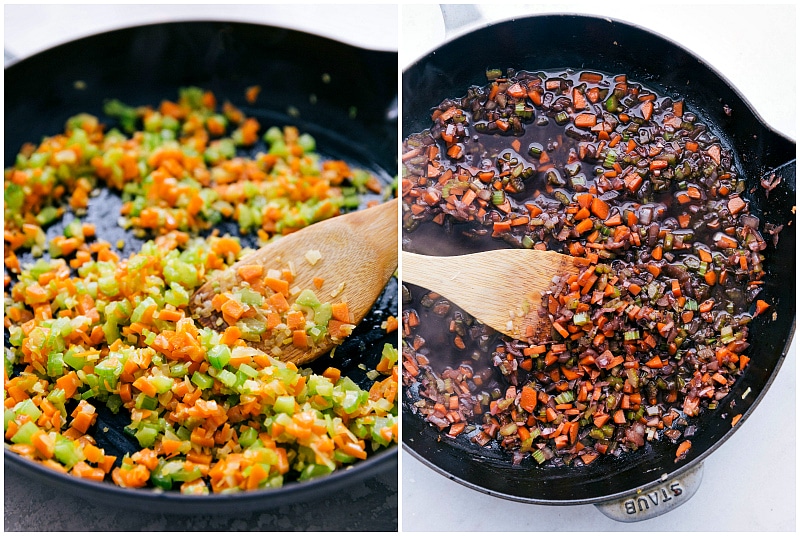 Photos of veggies being sautéed.