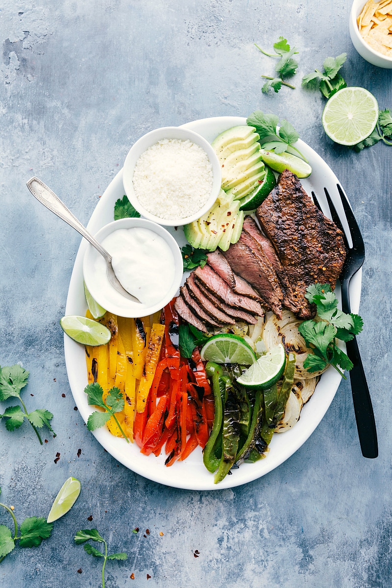 Overhead photo of plate of steak fajitas with bell peppers and onions