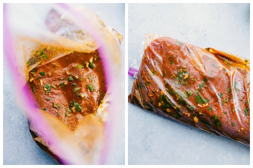 Steak marinating in a sealable bag.