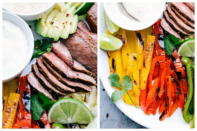 photos showing the grilled steak, peppers and toppings.
