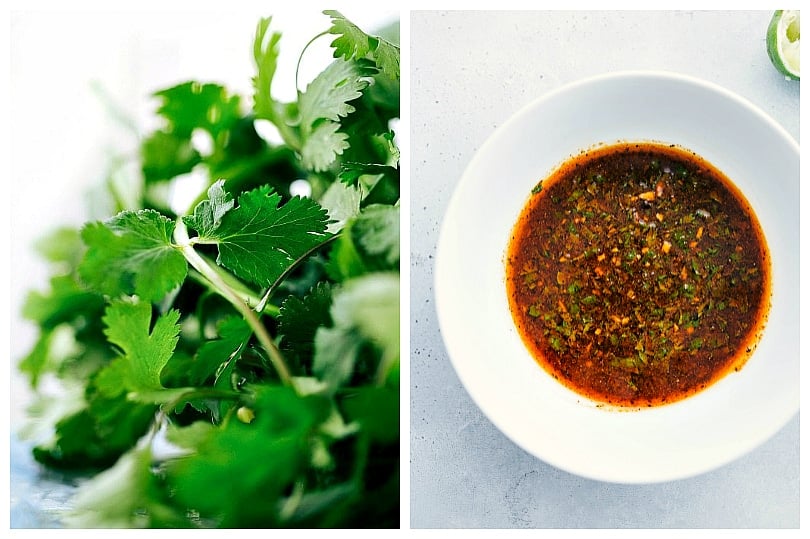 Close-up of parsley and the fajita marinade in a bowl.