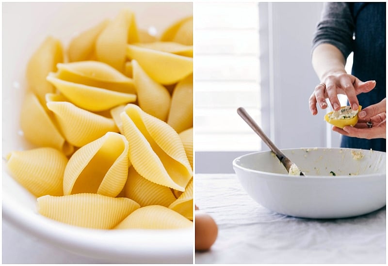 Cheese mixture being stuffed into the pasta shells.