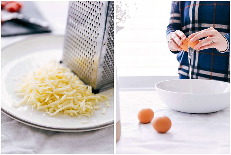 Process shot-- cheese being grated and egg being broken.